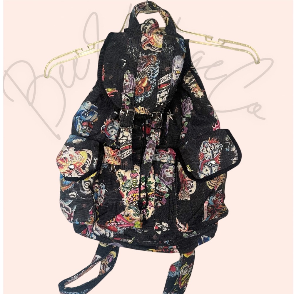 Pre-Loved Tattoo Print Backpack Mini Book Bag Purse‎ Drawstring Bag